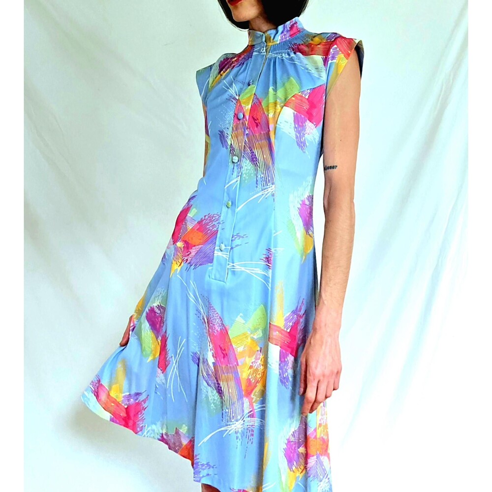 1970s Vintage Abstract Polyester A-line Dress: Retrofuturistic Psychedelic M/L